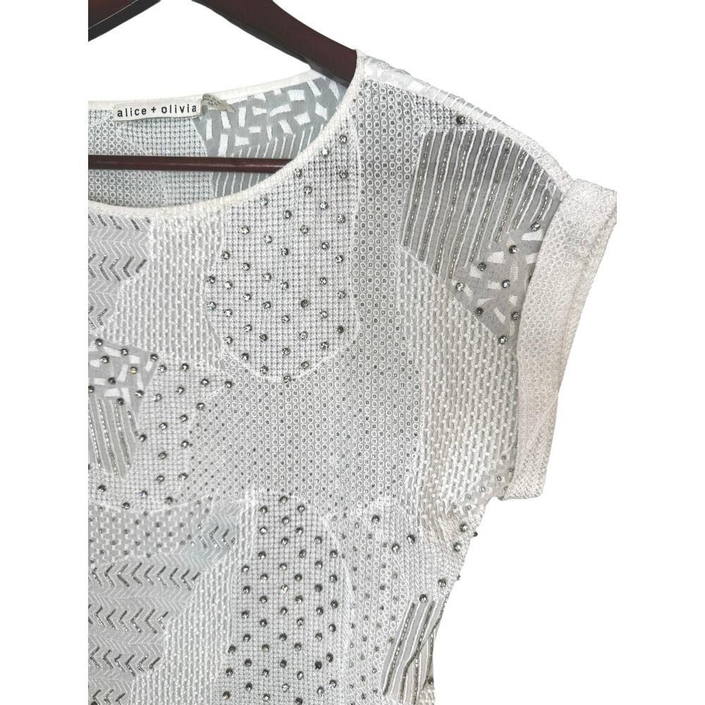ALICE + OLIVIA Embellished Mesh Blouse White Silver Beaded Sheer Sz Small Bride - Picture 4 of 10